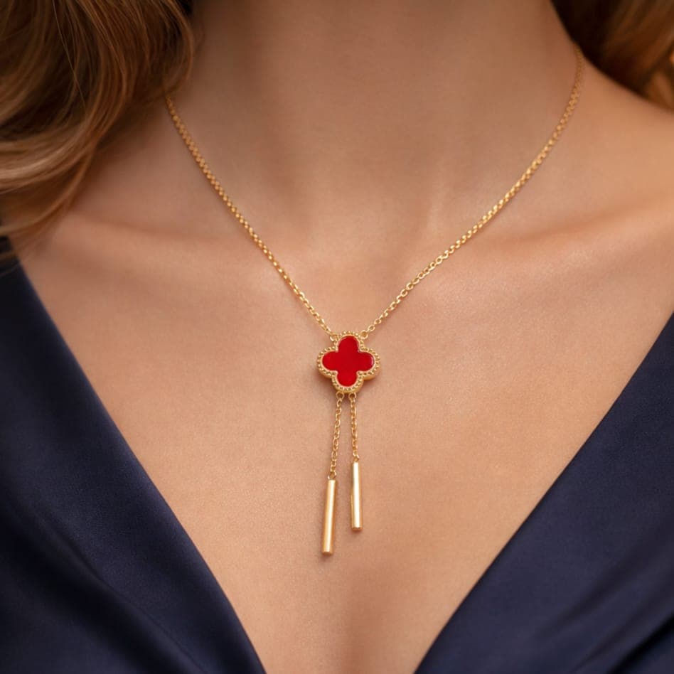An elegant gold necklace made of rust-resistant stainless steel, with an attractive red flower design and two rectangular pendants that give you a charming look, with an adjustable clasp to suit you. Women's Necklaces