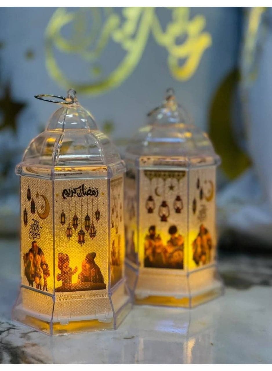 Ramadan Acrylic Lantern Set, LED Lantern Stand with Ramadan-themed designs, with LED lights, battery operated. Size: 13 cm