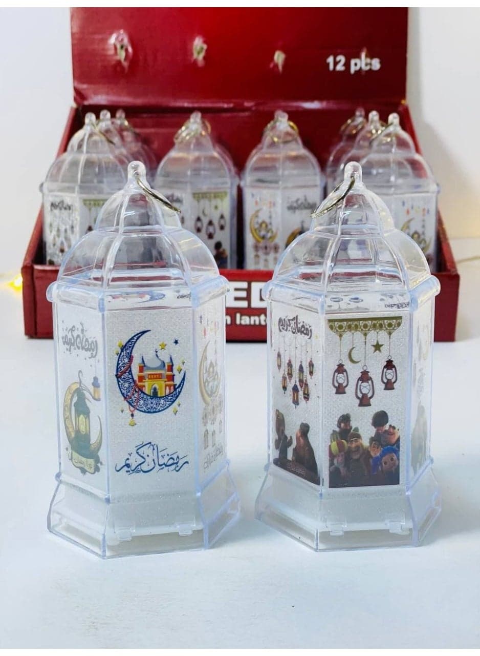 Ramadan Acrylic Lantern Set, LED Lantern Stand with Ramadan-themed designs, with LED lights, battery operated. Size: 13 cm (3)
