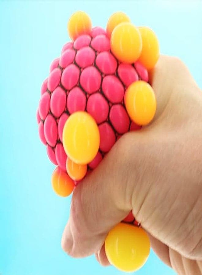 MIJOMA Colourful Anti-Stress Ball in the Net - Squeeze Ball Toy, Sensory Stress Relief for Large and Small, Office & School - 7 cm (Pink-Yellow) (٢)