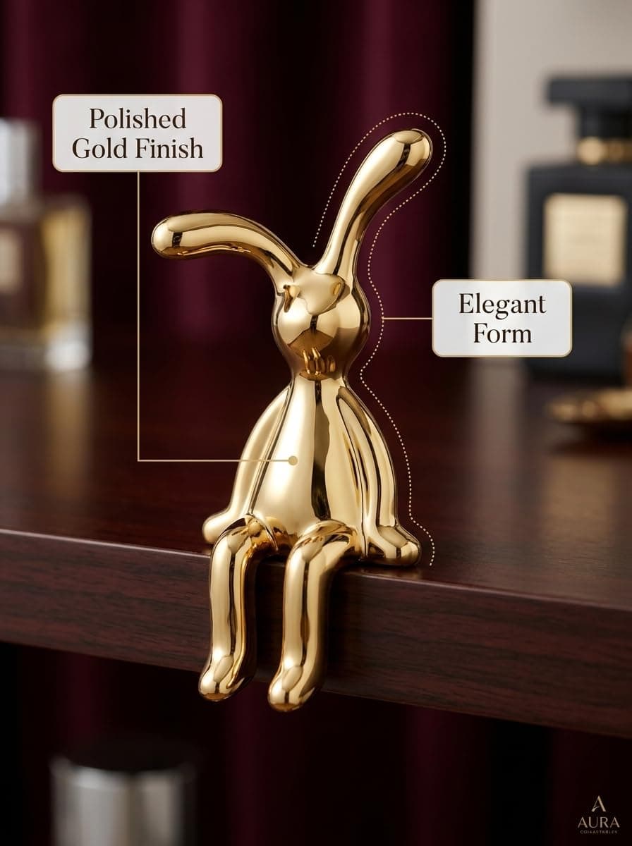 Gold Rabbit Figurine Shelf Sitter Cute Bunny Statue Home Desk Decor (4)