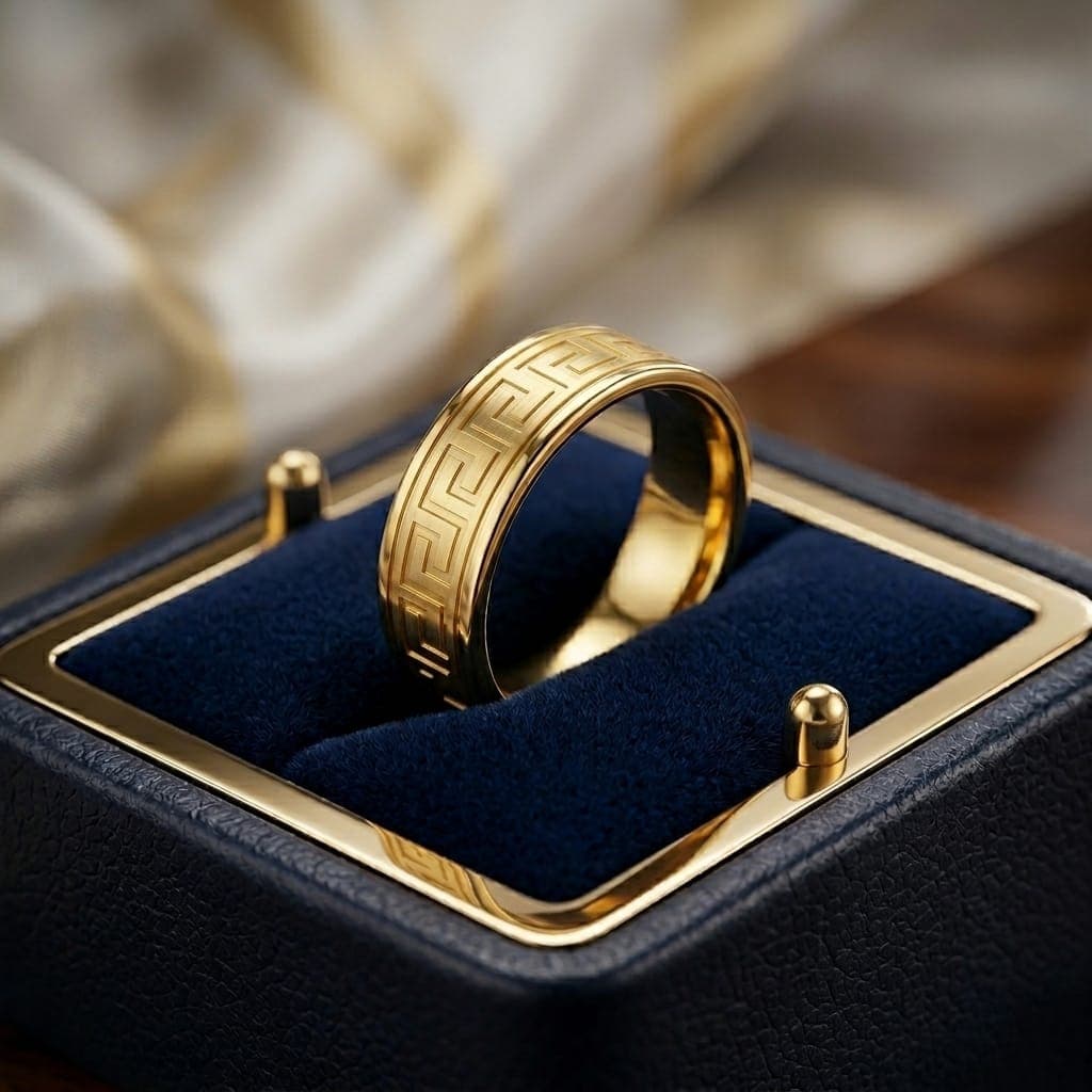 A stylish unisex ring in gold, crafted from durable stainless steel, featuring a luxurious Greek-inspired design for added appeal. Perfect for your engagement or any special occasion! Women's Rings (٧)