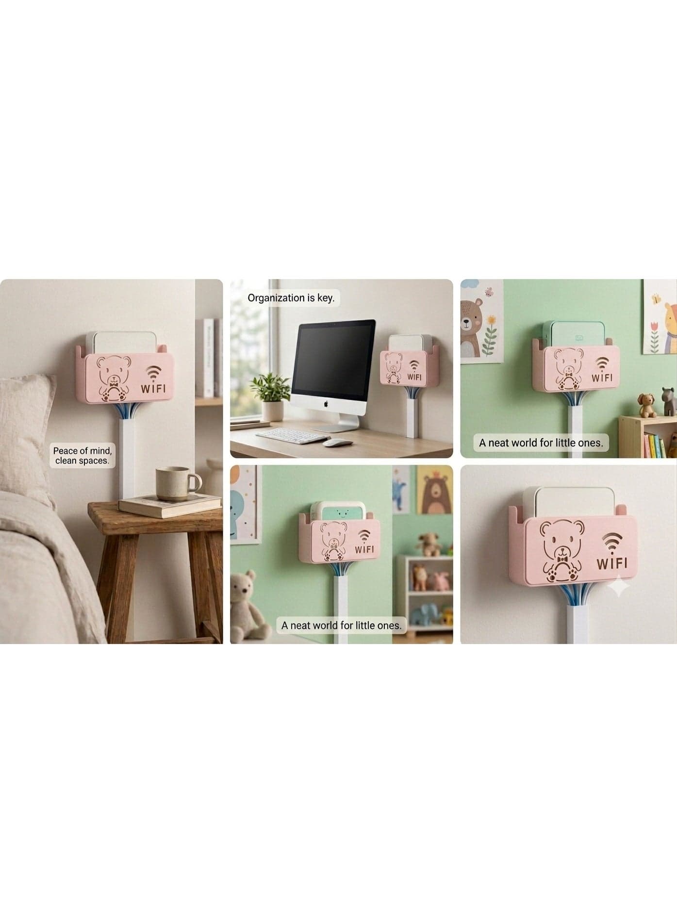 Space Saving Pink Wall Mounted WiFi Router Storage Box & Cable Management Shelf with Bear Cutout (24 x 14 x 5.5 cm) Organized Wire Management Box Cord Organizers (٤)