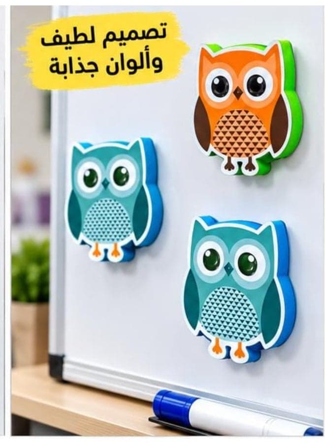 Magnetic whiteboard eraser with a colorful owl design – 9 × 8 cm – easy to use and attach (٢)