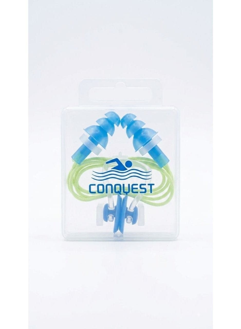 CONQUEST Waterproof Silicone Swimming Earplugs With Anti-Lost Cord And Nose Clip With Protective Storage Case For Water Sports And Pool Training multi color Nose Clip And Earplug Sets (٦)