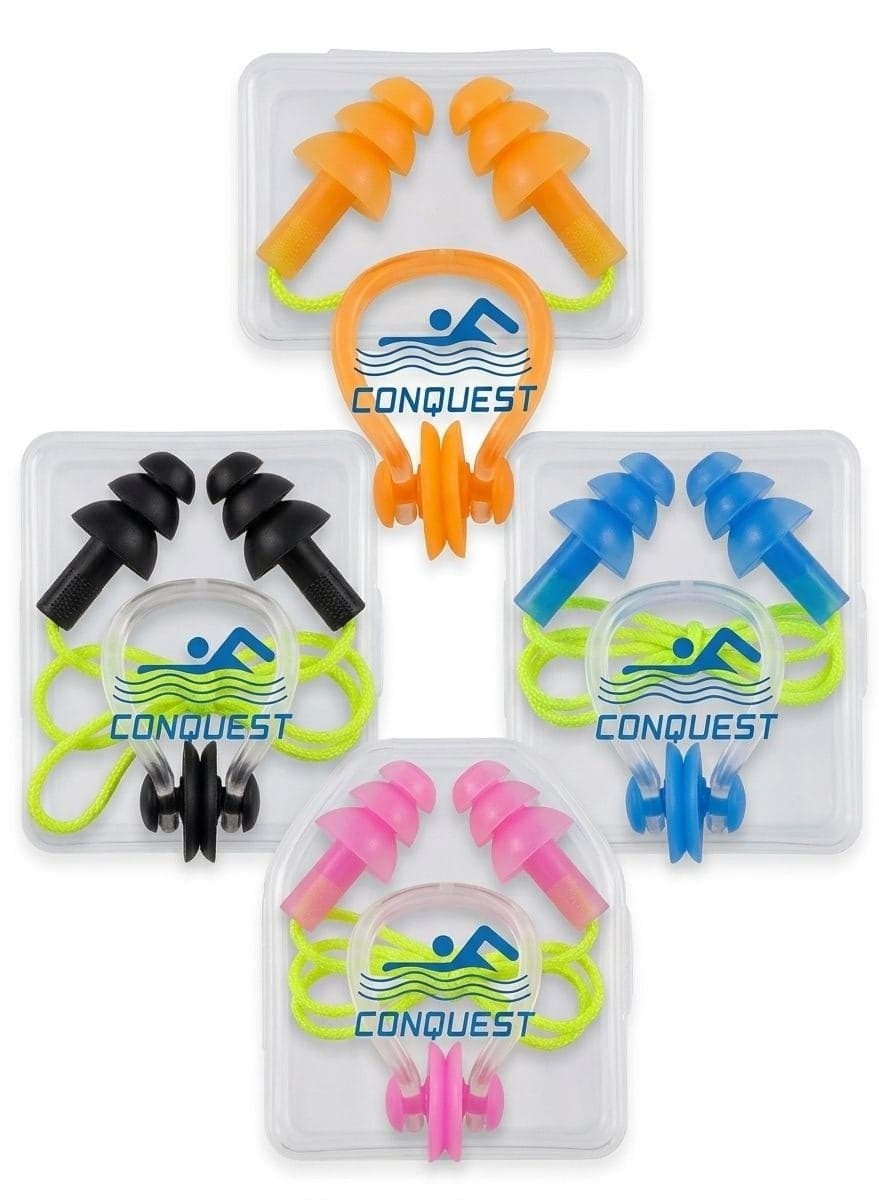 CONQUEST Waterproof Silicone Swimming Earplugs With Anti-Lost Cord And Nose Clip With Protective Storage Case For Water Sports And Pool Training multi color Nose Clip And Earplug Sets (٢)