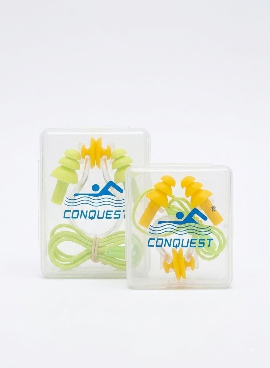 CONQUEST Waterproof Silicone Swimming Earplugs With Anti-Lost Cord And Nose Clip With Protective Storage Case For Water Sports And Pool Training multi color Nose Clip And Earplug Sets (٣)