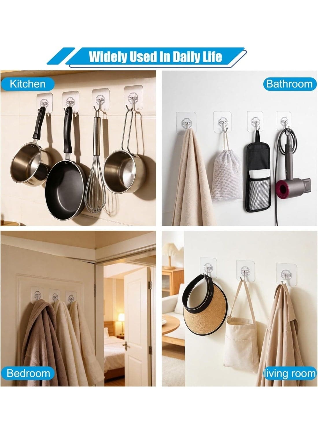 Portable Heavy Duty Wall Hooks – Self-Adhesive Waterproof Transparent Hooks for Doors, Tiles, Metal, Glass, and Smooth Surfaces, Ideal for Bathroom, Kitchen, and Outdoor Hanging, Max 22lb-10Pcs (4)
