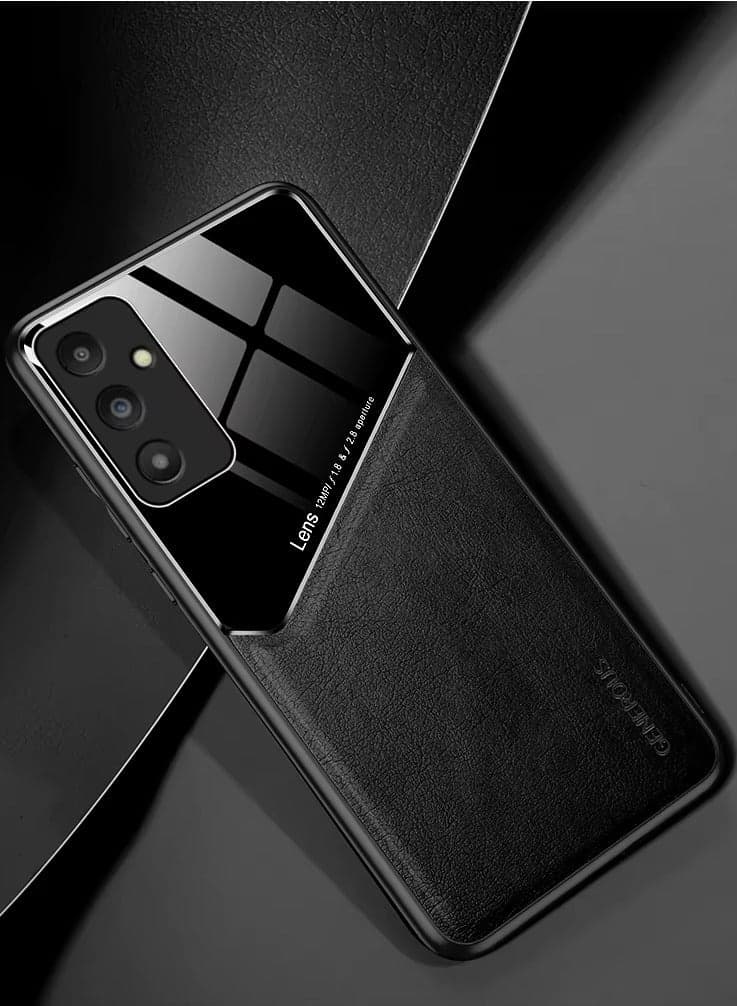 Case Compatible With Samsung Galaxy A55, Cover Luxury Leather And Glass With Car Magnetic Holder Phone Cover Soft Frame Silicone - Black