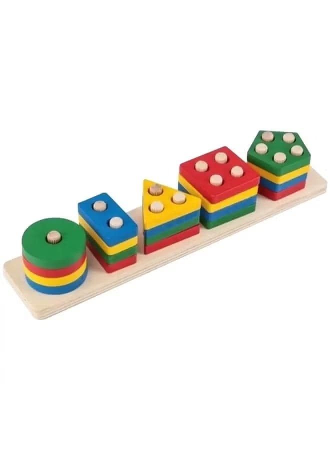 Montessori Wooden Shape Sorter for Toddlers – 5 Geometric Stacking Puzzles in 4 Vibrant Colors | Educational STEM Toy for Fine Motor Skills & Color Recognition | Early Learning Counting Blocks Gift for Boys & Girls Ages 2+ Stacking & Nesting Toys