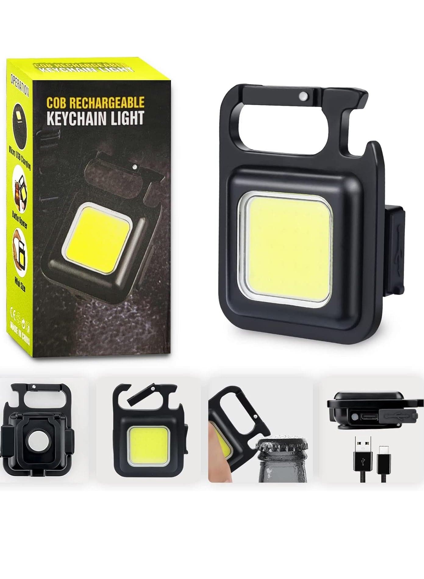 Emergency Light Tiokkss COB Small Flashlights Rechargeable 1000 Lumens Keychain Mini Flashlight 4 Light Modes Portable Pocket Light with Folding Bracket Bottle Opener and Magnet Base for Camping Fishi