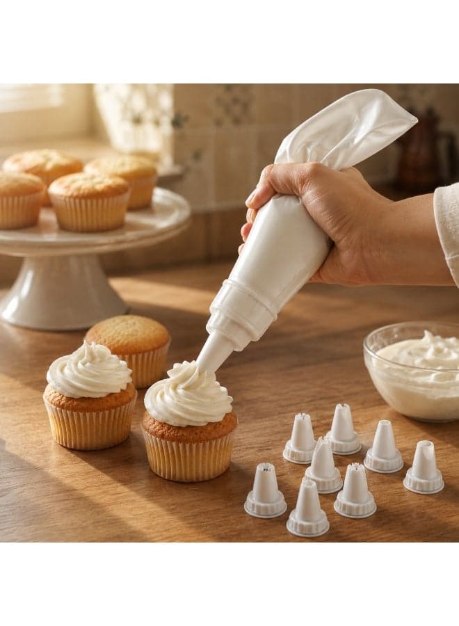 Cake Decorating Piping Bag Set 9-Piece BPA-Free Food Contact Plastic Reusable Bag 8 Nozzles for Cakes Cupcakes 17 × 23 × 4.5 cm (White) Decorating Tools (٢)