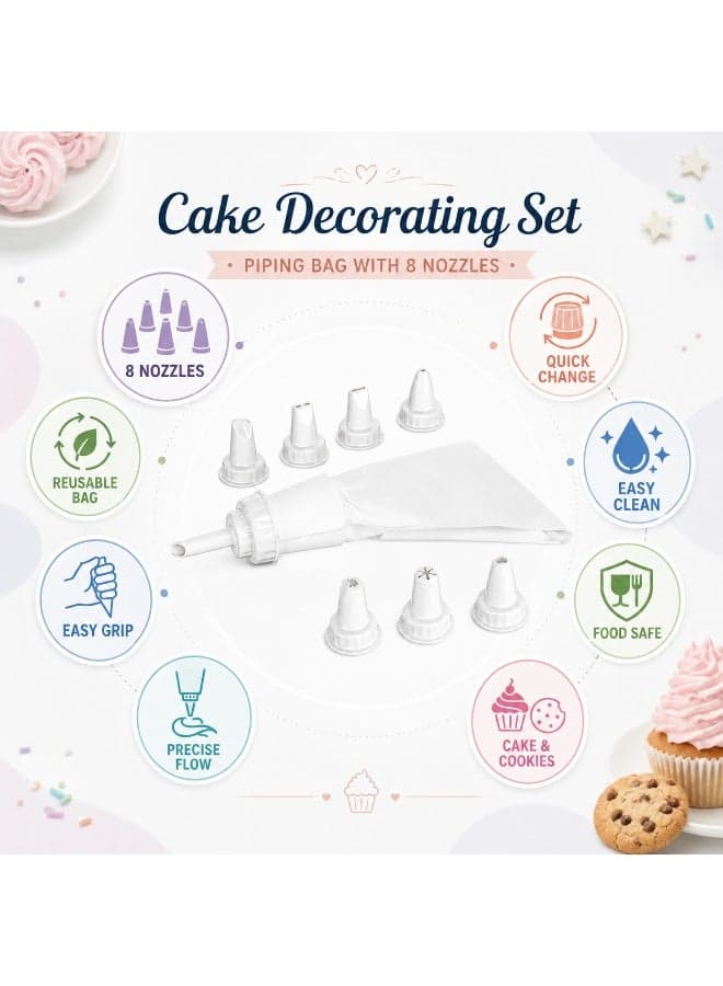 Cake Decorating Piping Bag Set 9-Piece BPA-Free Food Contact Plastic Reusable Bag 8 Nozzles for Cakes Cupcakes 17 × 23 × 4.5 cm (White) Decorating Tools (٤)
