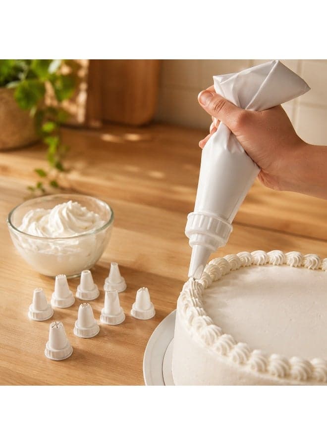 Cake Decorating Piping Bag Set 9-Piece BPA-Free Food Contact Plastic Reusable Bag 8 Nozzles for Cakes Cupcakes 17 × 23 × 4.5 cm (White) Decorating Tools (٣)