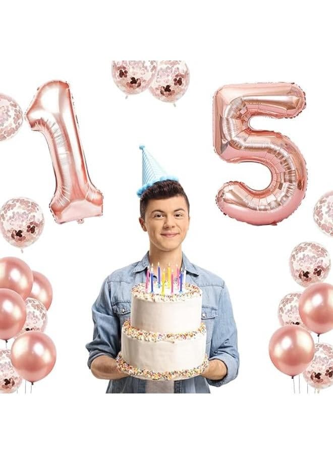 15th Birthday Balloons Rose Gold, 40 Inch Number 15 Foil Balloon, Rose Gold Confetti Balloons, Helium Birthday Party Decorations for Girls, 15 Year Birthday Decor, Graduation Party Balloon Supplies (2)