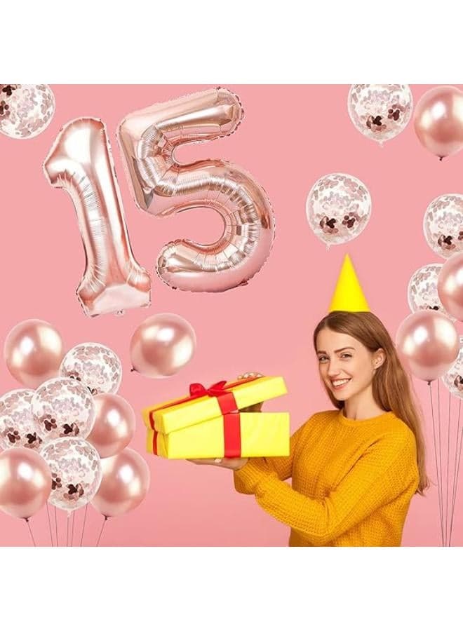 15th Birthday Balloons Rose Gold, 40 Inch Number 15 Foil Balloon, Rose Gold Confetti Balloons, Helium Birthday Party Decorations for Girls, 15 Year Birthday Decor, Graduation Party Balloon Supplies (3)