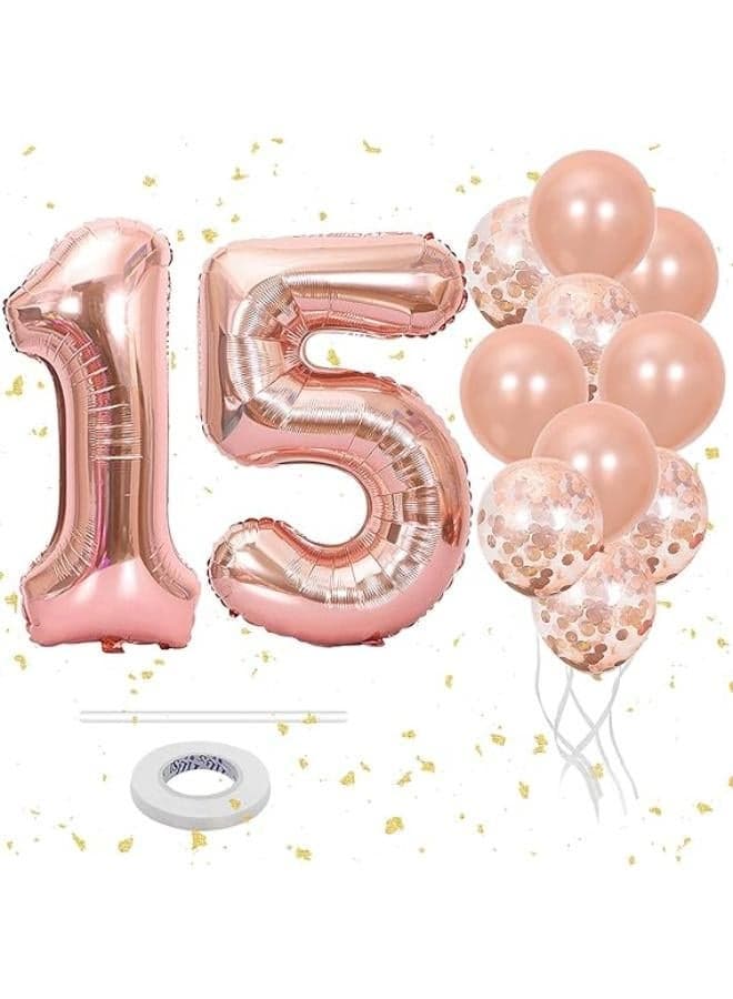 15th Birthday Balloons Rose Gold, 40 Inch Number 15 Foil Balloon, Rose Gold Confetti Balloons, Helium Birthday Party Decorations for Girls, 15 Year Birthday Decor, Graduation Party Balloon Supplies (4)