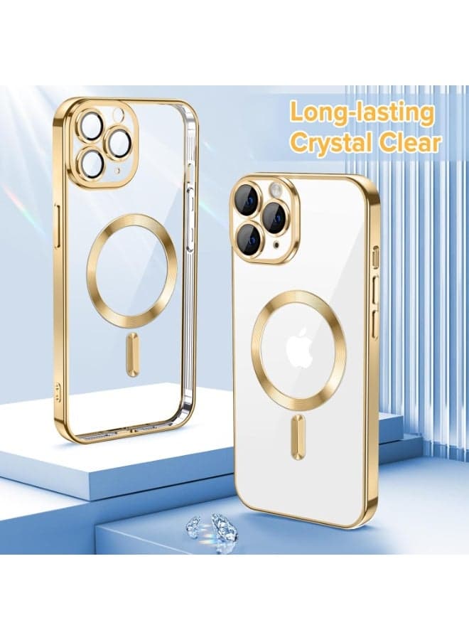 Electroplated Case For IPhone 11 Pro Max Camera Lens Full Protection Compatible with MagSafe Wireless Charging, Shockproof Soft TPU Phone Magnetic Cover (Gold) (٦)