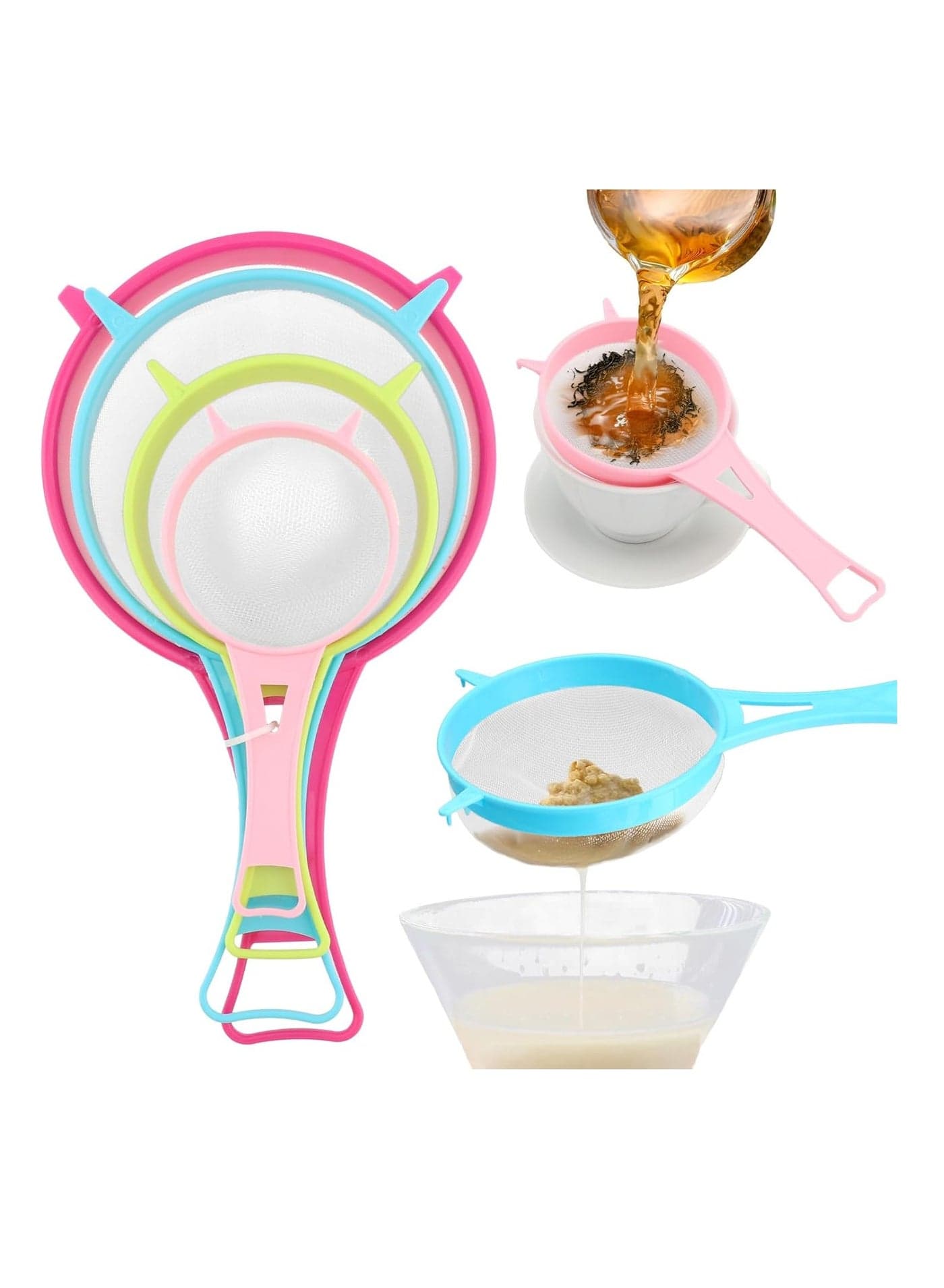 4-Piece Plastic Kitchen Sieve & Strainer Set – Multi-Size Fine Mesh for Flour Sifting, Juice Straining, and Baking – Assorted Colors Kitchen Utensils & Gadgets (٥)