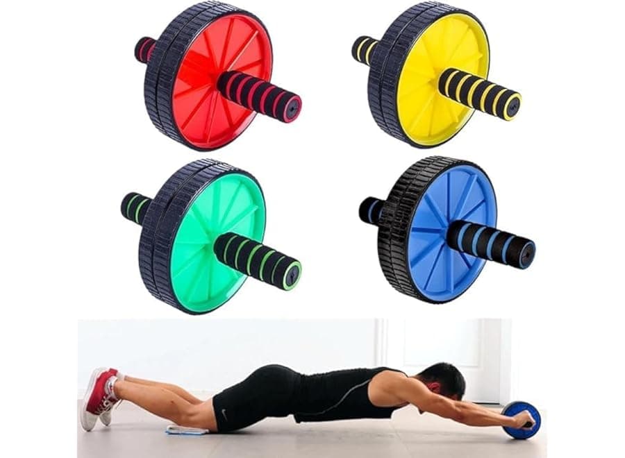 MD Stay Fit Ultimate Core Roller and Ab Wheel, a two-wheeled handheld ab roller and ab wheel with a multi-colored knee pad.