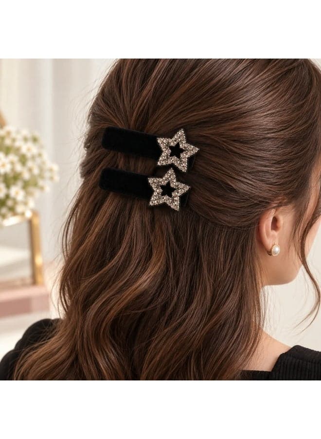 2-Piece Black Velvet Hair Clip Set for Women with Crystal-Decorated Star Buckles