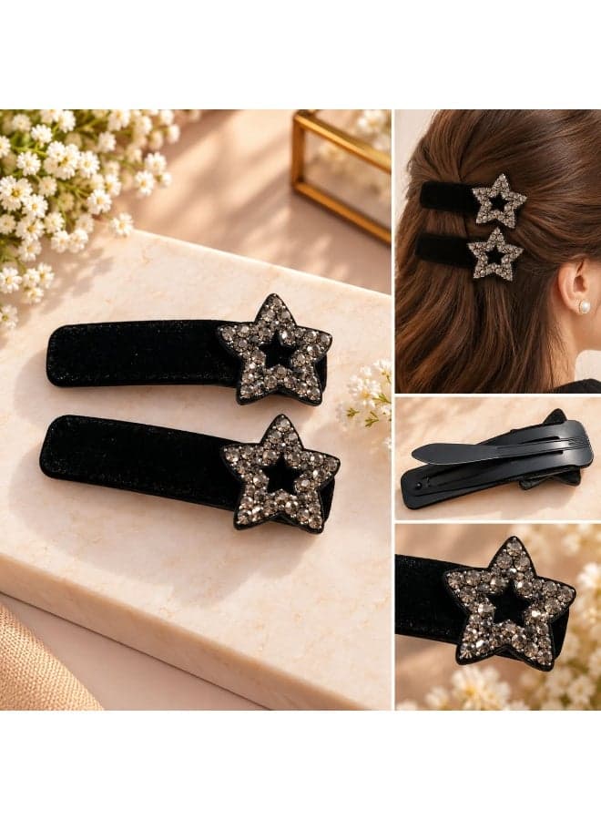 2-Piece Black Velvet Hair Clip Set for Women with Crystal-Decorated Star Buckles (٢)