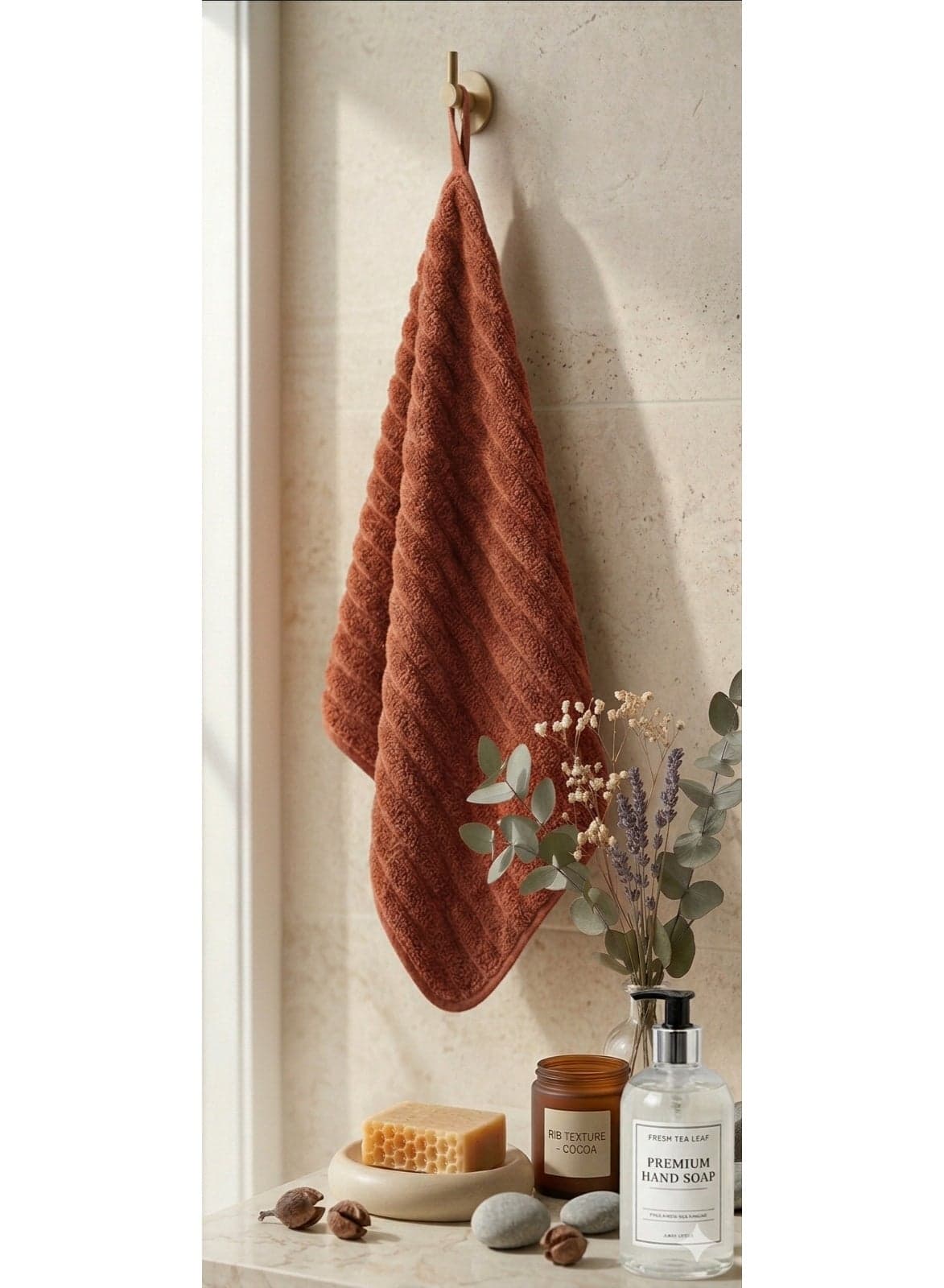 Hanging Ribbed Hand Towel for Bathroom & Kitchen - High Absorbent ( Brown ) Bath Towels