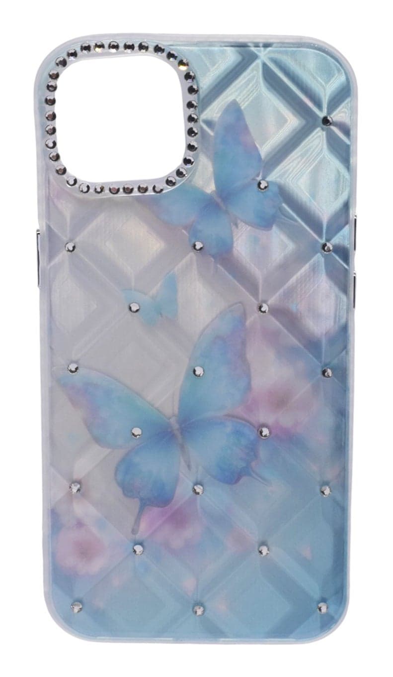 TPU Butterflies Printed Back Cover Case with Rhinestone Camera Border For iPhone 14 - Light Blue Transparent
