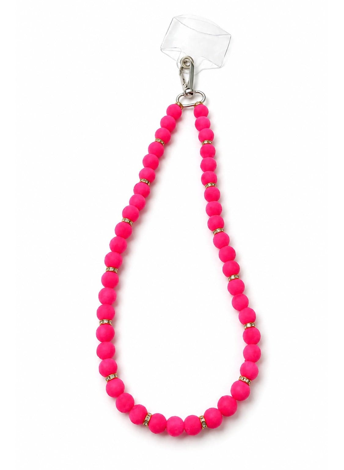 Universal Soft-Touch Matte Beaded Mobile Phone Lanyard Neck & Crossbody Strap with Clear Tether Tab Insert - Fuchsia Pink & Gold (1 Piece)