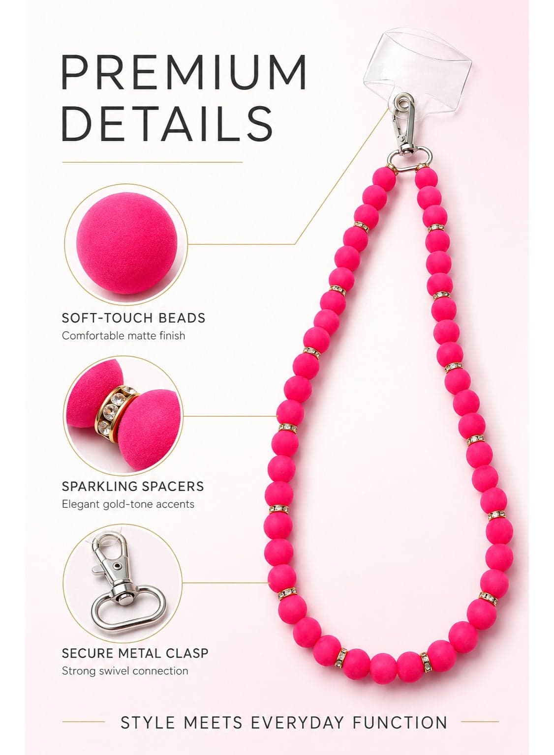 Universal Soft-Touch Matte Beaded Mobile Phone Lanyard Neck & Crossbody Strap with Clear Tether Tab Insert - Fuchsia Pink & Gold (1 Piece) (8)
