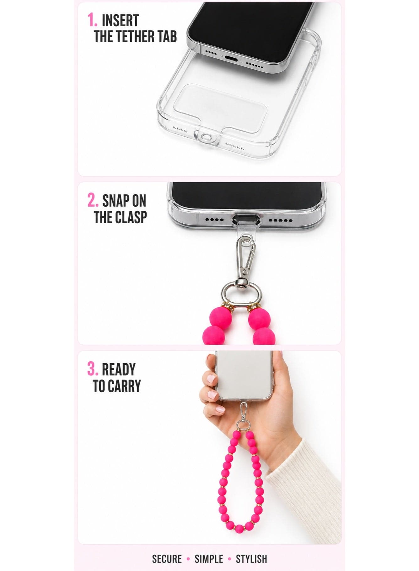 Universal Soft-Touch Matte Beaded Mobile Phone Lanyard Neck & Crossbody Strap with Clear Tether Tab Insert - Fuchsia Pink & Gold (1 Piece) (6)