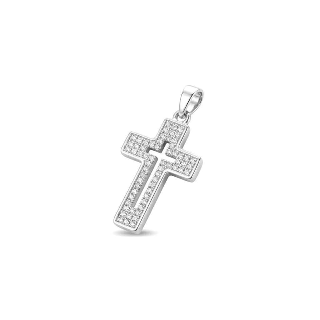 A cross pendant (without chain) in elegant silver, featuring a hollow design in the middle and heavily studded with zircon stones, combining luxury and unique modern beauty. Women's Necklaces