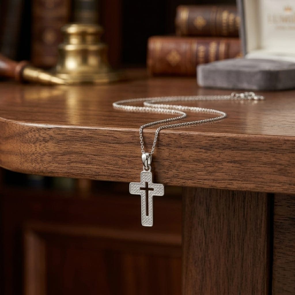 A cross pendant (without chain) in elegant silver, featuring a hollow design in the middle and heavily studded with zircon stones, combining luxury and unique modern beauty. Women's Necklaces (٥)