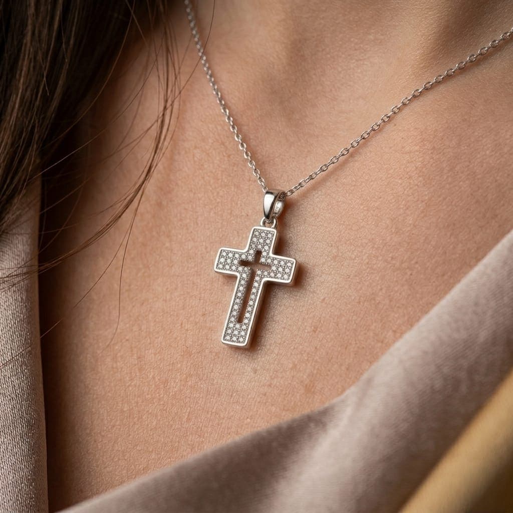 A cross pendant (without chain) in elegant silver, featuring a hollow design in the middle and heavily studded with zircon stones, combining luxury and unique modern beauty. Women's Necklaces (٢)