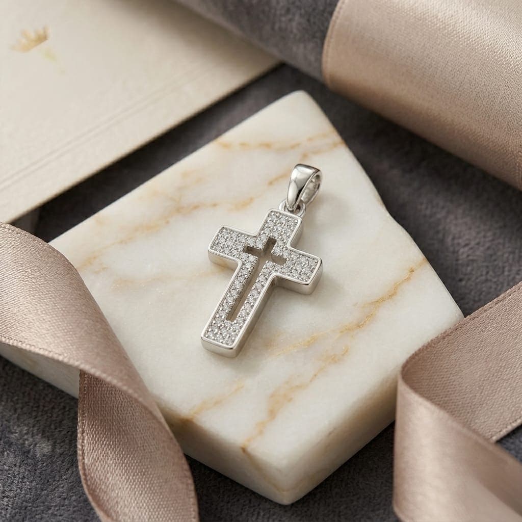 A cross pendant (without chain) in elegant silver, featuring a hollow design in the middle and heavily studded with zircon stones, combining luxury and unique modern beauty. Women's Necklaces (٧)