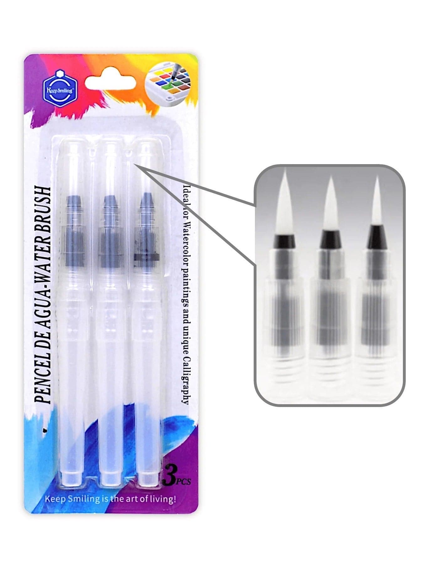 Keep Smiling Watercolor Calligraphy Water Brush Pen Set, 3 Tip Sizes (01, 02, 03), Clear, 3 Pcs