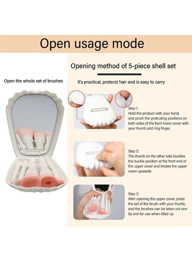5 in 1 Compact Travel Makeup Brush Set with Built in Mirror and Shell Pocket Case Mini Cosmetic Brushes for Powder Blush Eyeshadow and Blending (٣)