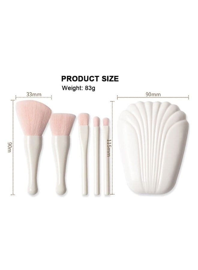 5 in 1 Compact Travel Makeup Brush Set with Built in Mirror and Shell Pocket Case Mini Cosmetic Brushes for Powder Blush Eyeshadow and Blending (٢)