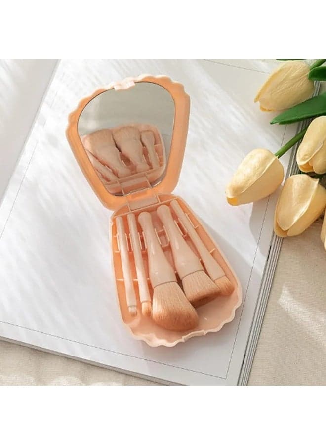 5 in 1 Compact Travel Makeup Brush Set with Built in Mirror and Shell Pocket Case Mini Cosmetic Brushes for Powder Blush Eyeshadow and Blending (٦)