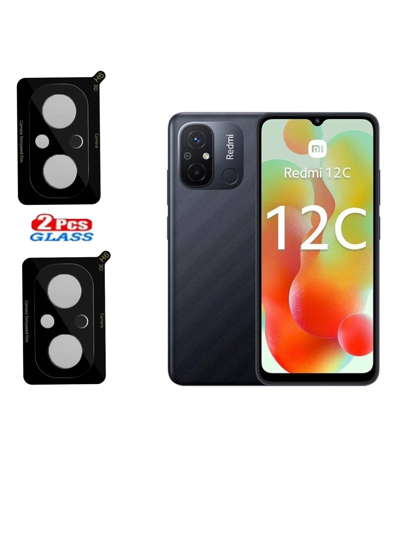 2pack Camera Lens Protector Back Tempered Glass Camera 9H Clear Glass Case Friendly Cover Lens Protector For XIAOMI REDMI 12C (Black) Mobile Lens & Lens Protectors
