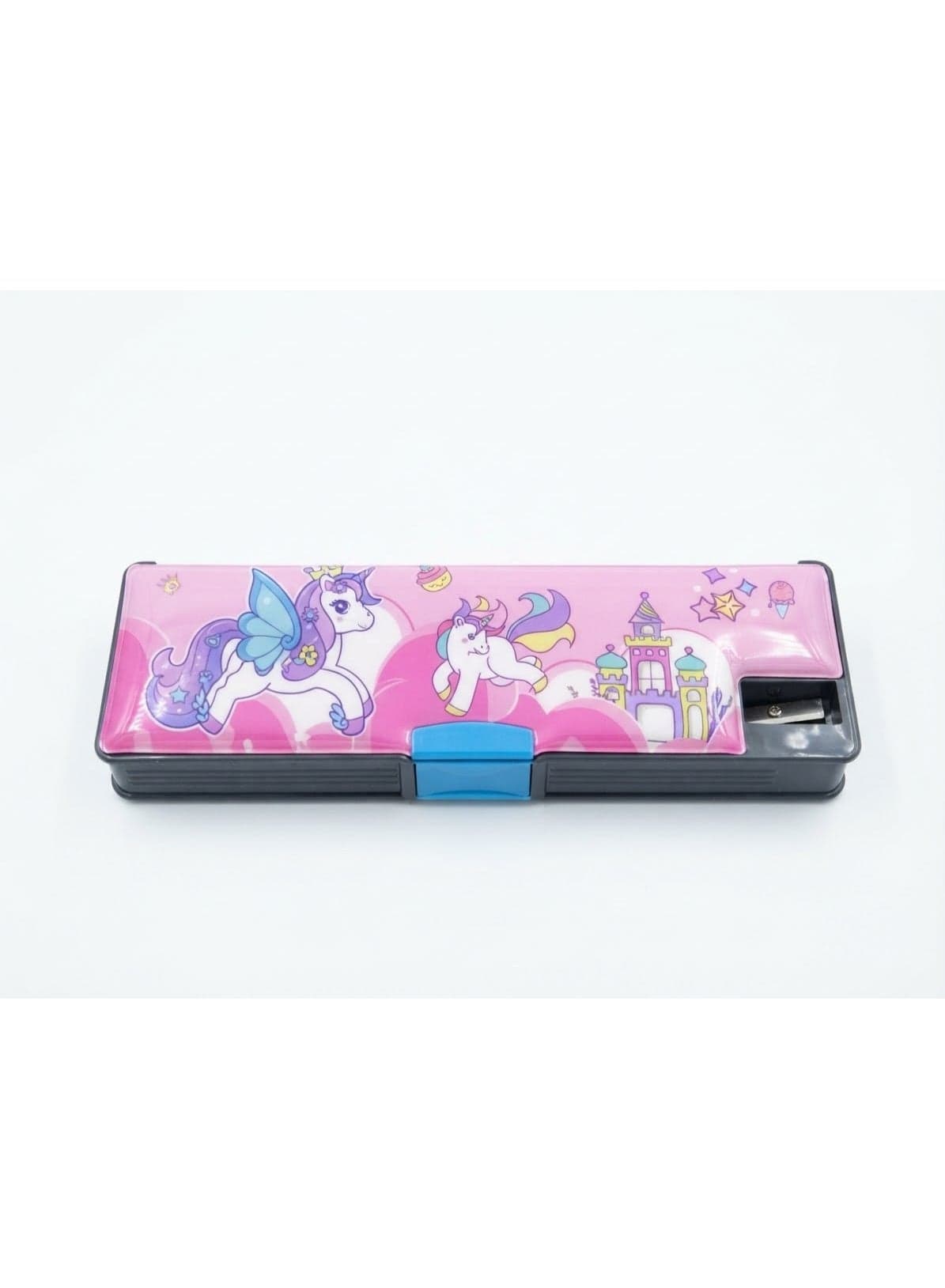 Double-sided, two-tier school pencil case featuring a cartoon design and a professional side sharpener. Office Supplies