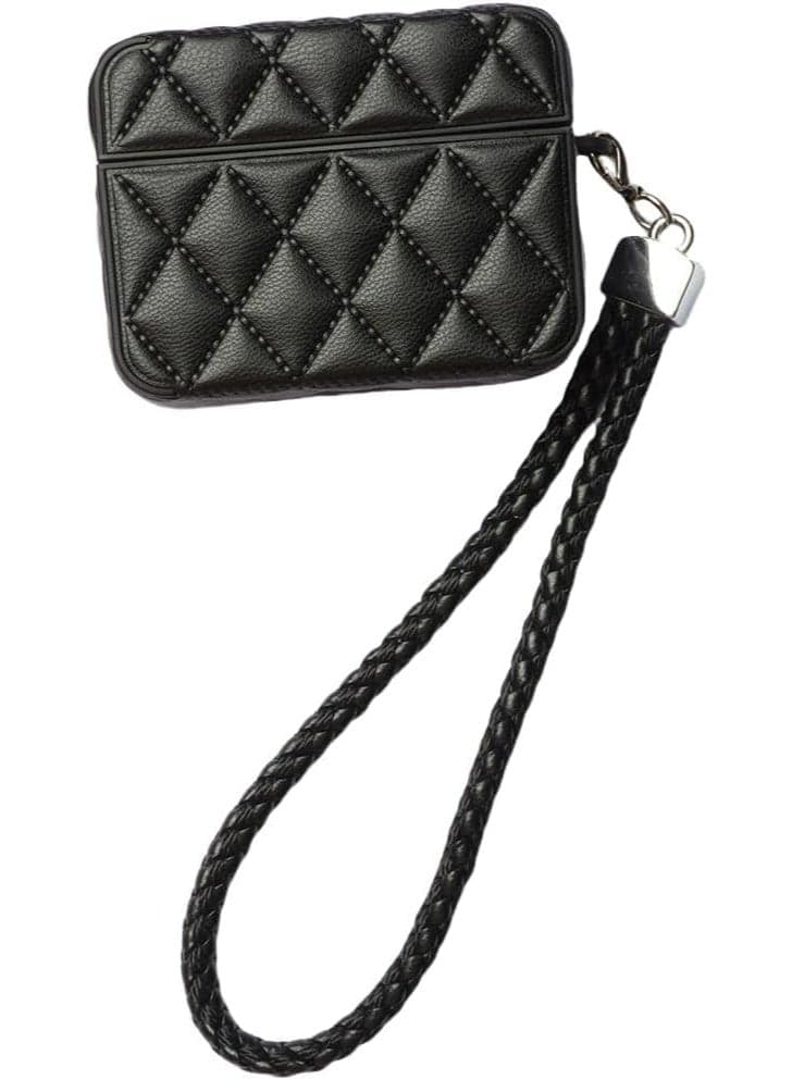 Luxury Quilted Leather Case with Hand Strap for AirPods Pro 2 - Elegant Black