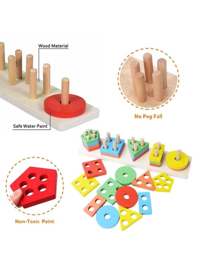 Montessori Wooden Shape Sorting & Stacking Toy | Educational Peg Board Puzzle for Toddlers | Color, Shape & Counting Learning Game Shape Sorters (٣)