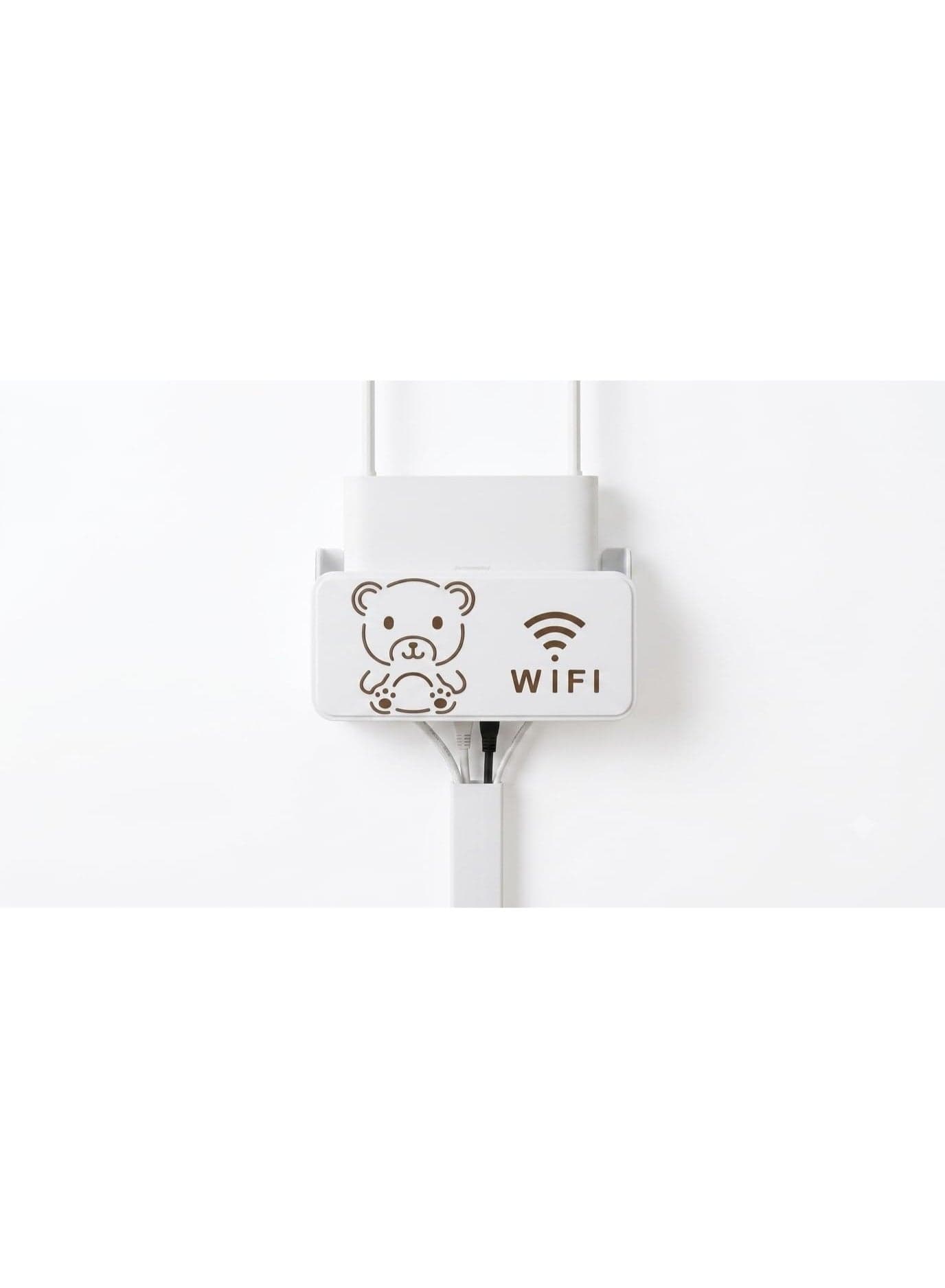 Wall Mount Router Holder Shelf - Heavy Duty Adhesive Hanger No Damage with Cute Bear & WiFi Symbol Cutout for Decluttering Wires Router & Accessories White (24 * 14 * 5.5 cm) (3)