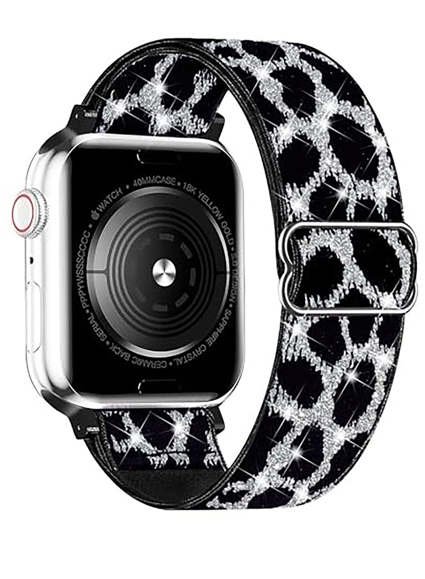 Nylon Solo Loop Stretchy Straps For Apple Watch Band 41mm 40mm 38mm, Elastic Wristbands Strap for iwatch Series 9 8 7 6 5 4 3 2 1 SE 2 SE Shiny Silver Leopard