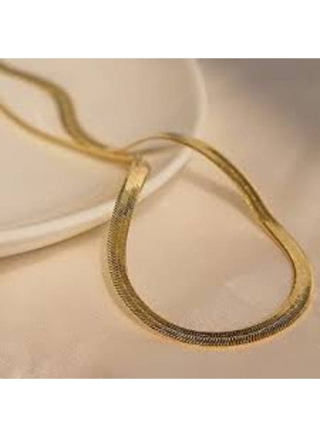Women's Stainless Steel Snake Chain Necklace, Flat Snake Design, Shiny Gold Finish, Elegant Modern Necklace for Daily Wear and Special Occasions (١١)