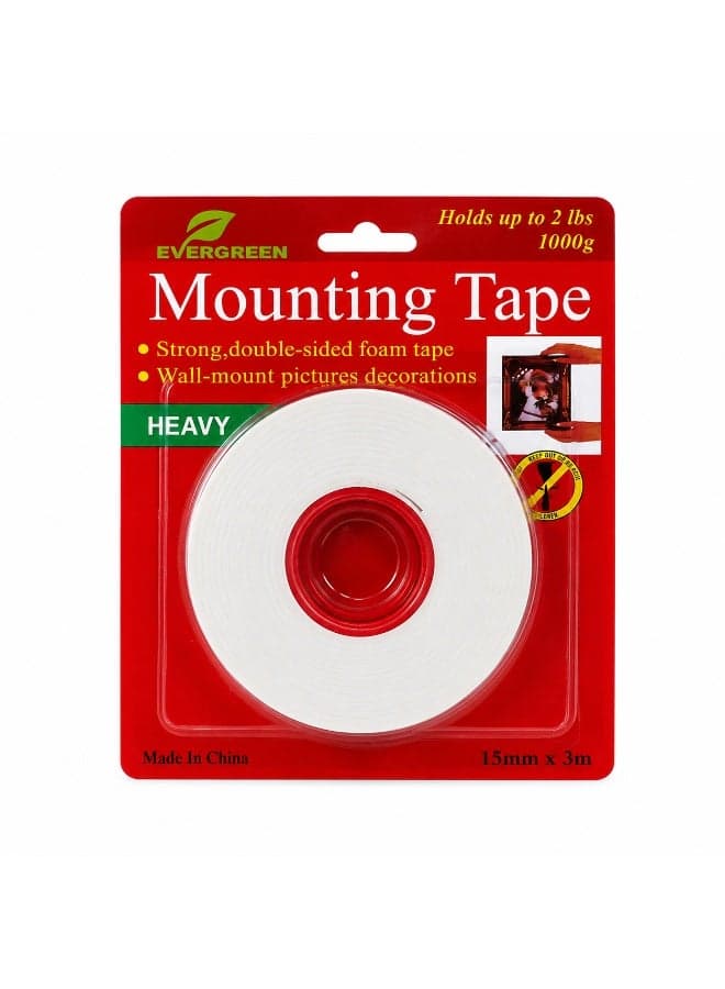 EVERGREEN Double-Sided Foam Mounting Tape for Walls, Pictures and Decorations, Holds up to 1000g, 15mm x 3m - White