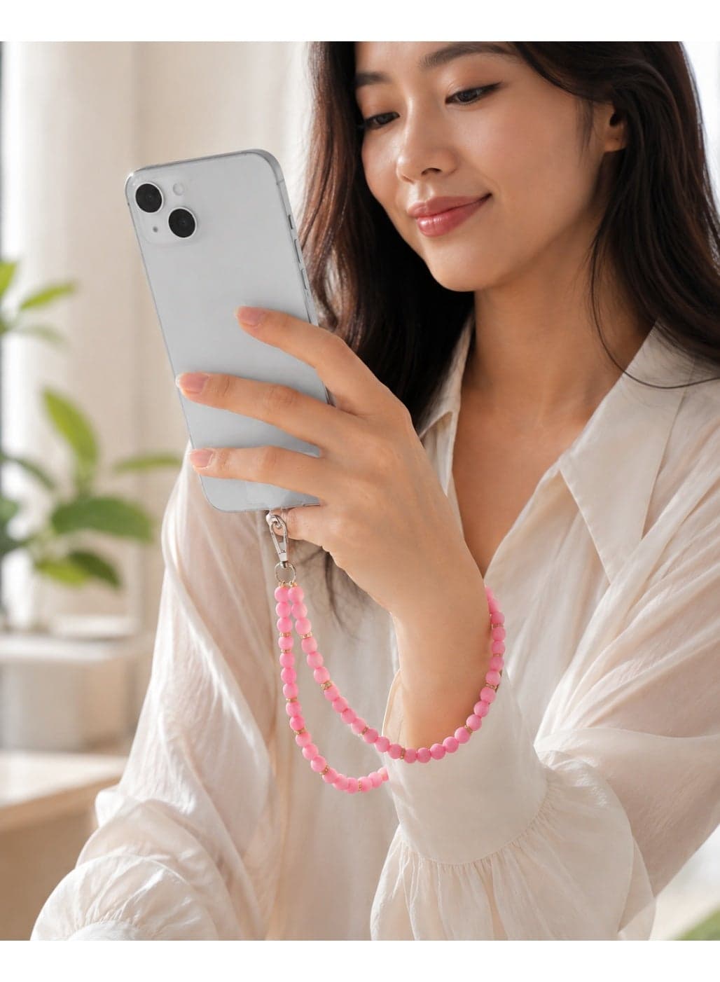 Beaded Phone Wristlet Strap Lanyard with Rhinestone Spacers & Universal Transparent Phone Tether Tab - Pink Phone Grips & Stands (٢)