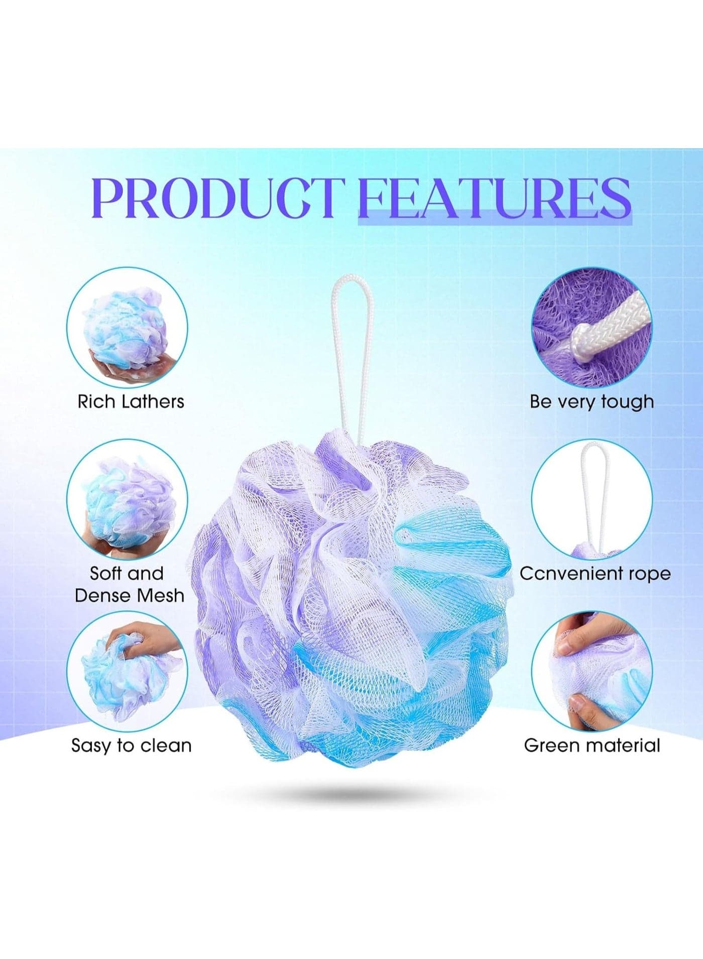 2 Pack Loofah Bath Sponge, Bath Sponge Soft Mesh Shower Puff Loofah for Men, Exfoliating Body Scrubber for Women, Shower Accessories Loofahs, Sponges & Poufs (٣)