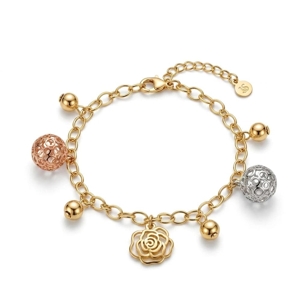 An elegant gold bracelet, decorated with hollow silver and pink balls, and a delicate gold rose with small balls, adds luxury and softness, with an adjustable clasp to suit you. Women's Bracelets & Bangles